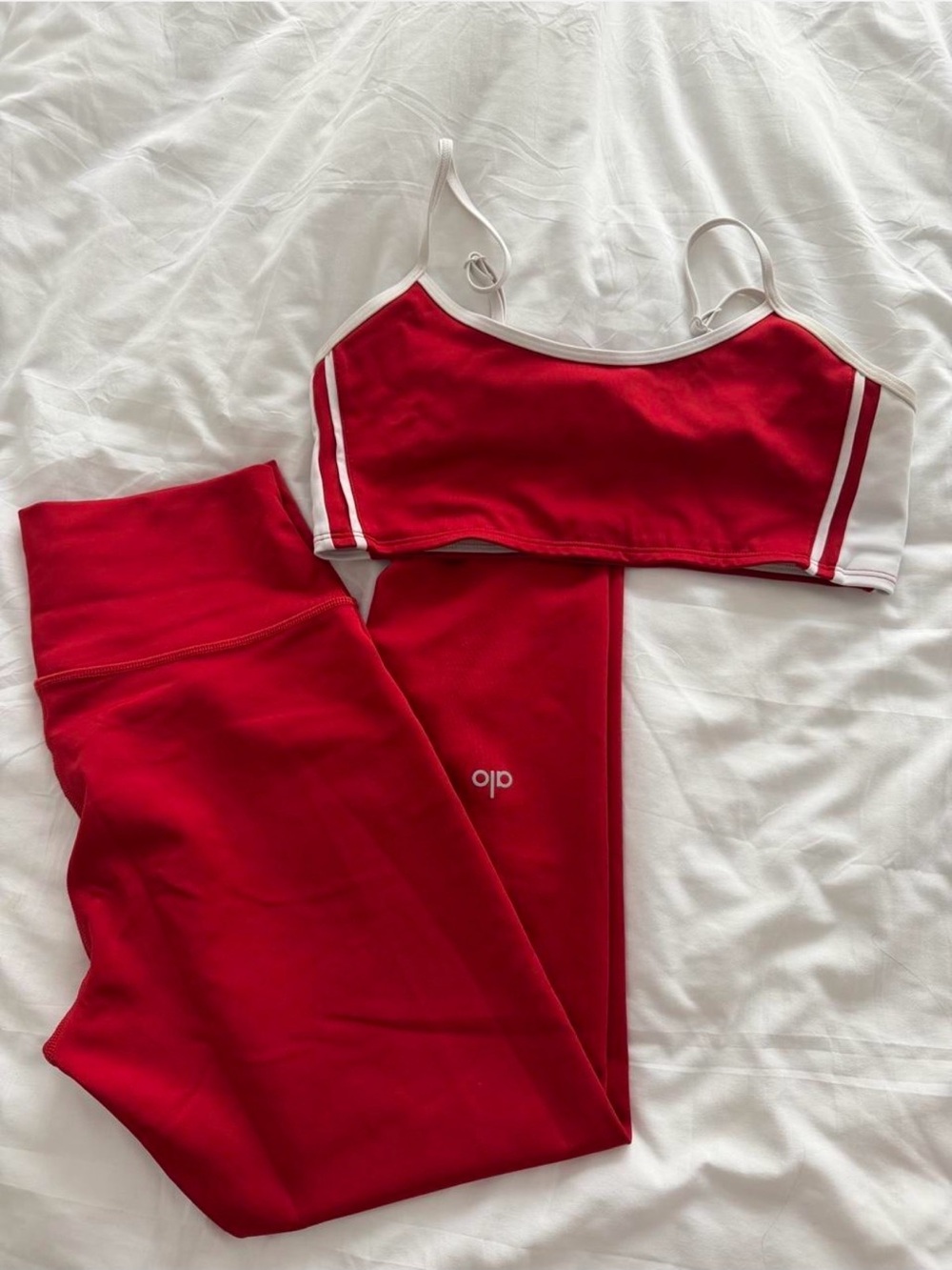 ALO Yoga Red Sports Bra & Leggings Set with White Trim